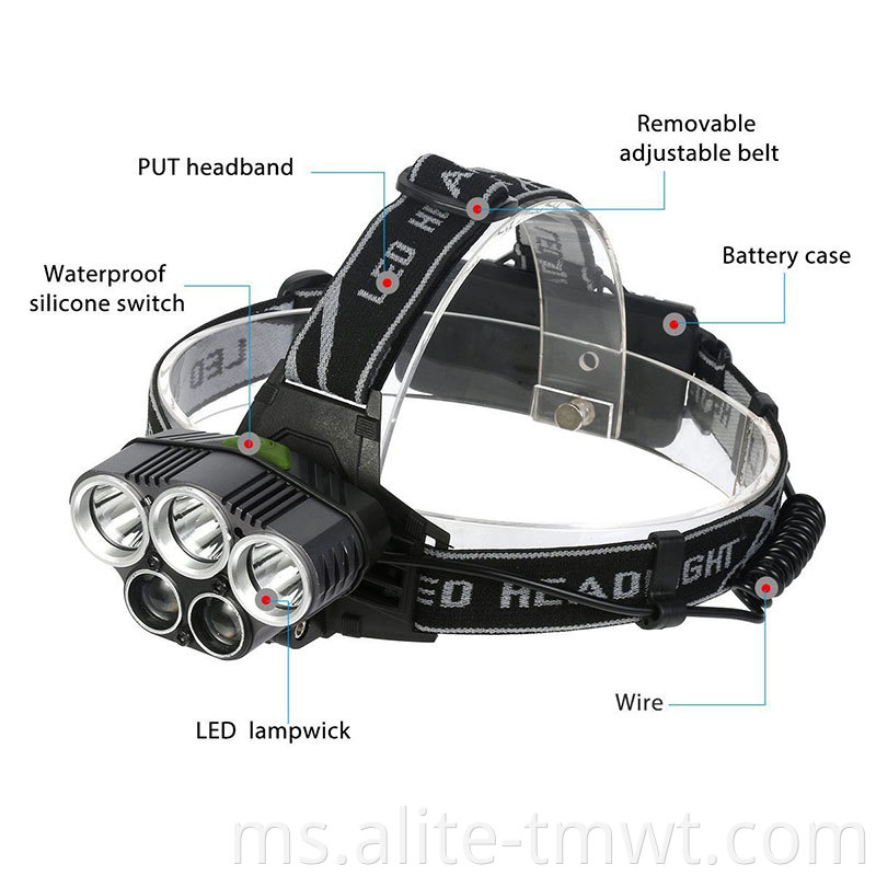 Aluminium berkualiti tinggi 1800 Lumen boleh dicas semula 5LED HEADLAMP BRIGHTEST 18650 3*T6+2*R2 LED LED